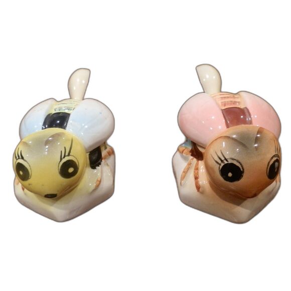 Vintage Bumblebees Bees Mini Ceramic Server Spoon Pot Jars Set of 2 - Picture 1 of 4
